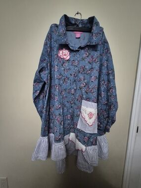 Woman Within Blue Floral Button-Front Tunic with Ruffle Hem